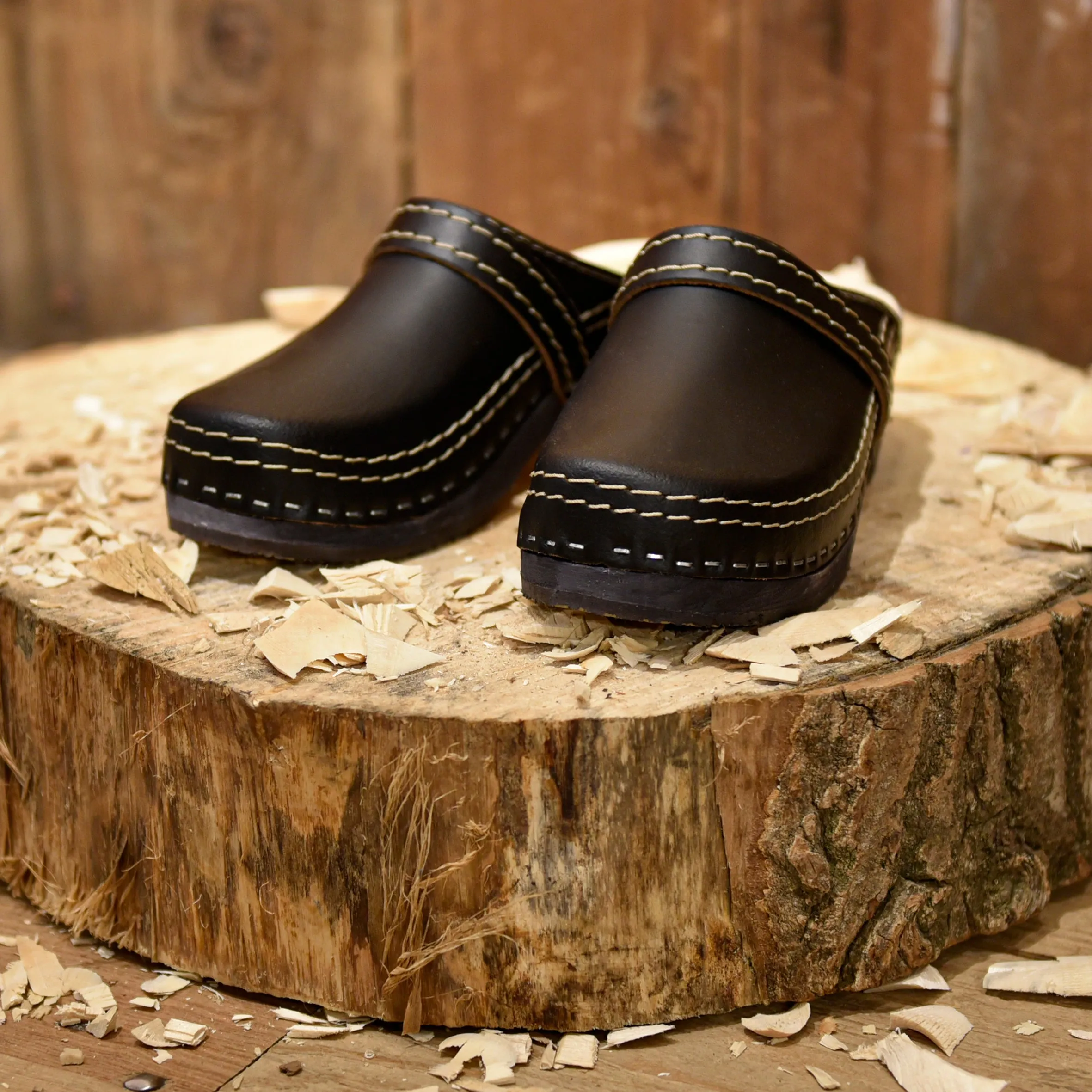 Black Leather Clogs Open
