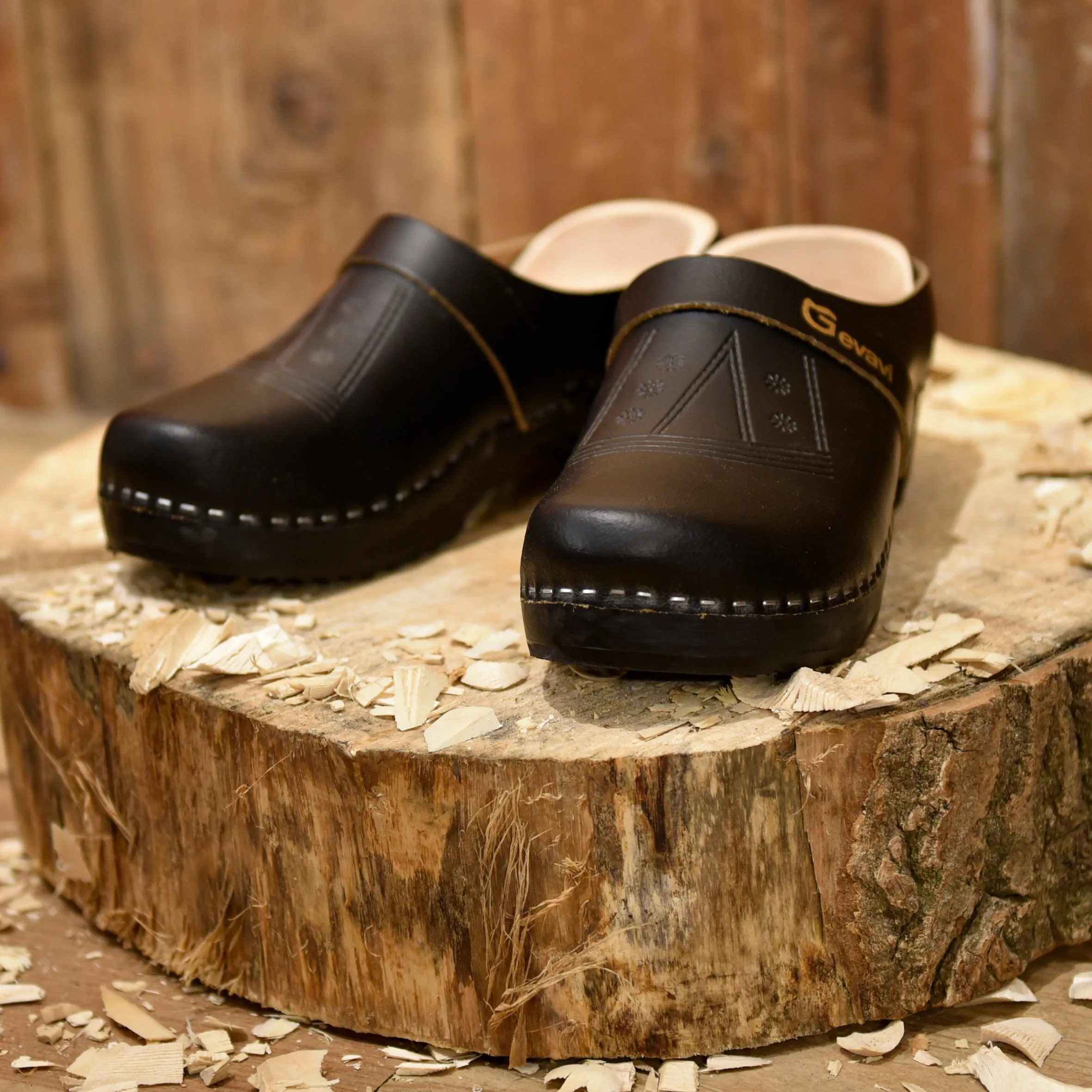 Black Leather Clogs Wooden Back