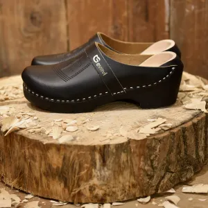 Black Leather Clogs Wooden Back