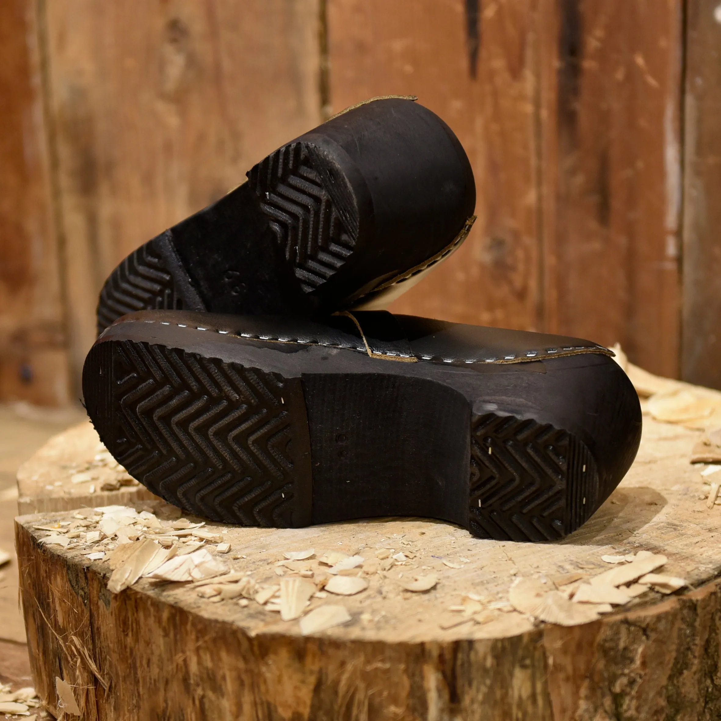 Black Leather Clogs Wooden Back