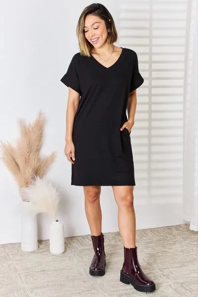 Brady Zenana Full Size Rolled Short Sleeve V-Neck Dress