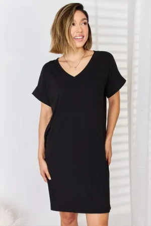 Brady Zenana Full Size Rolled Short Sleeve V-Neck Dress