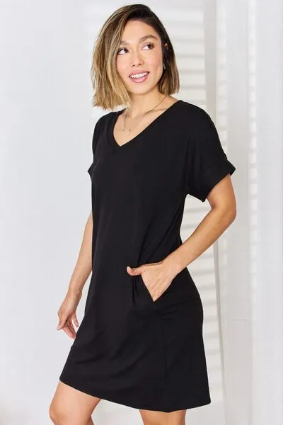 Brady Zenana Full Size Rolled Short Sleeve V-Neck Dress