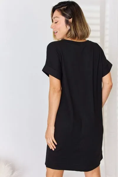 Brady Zenana Full Size Rolled Short Sleeve V-Neck Dress