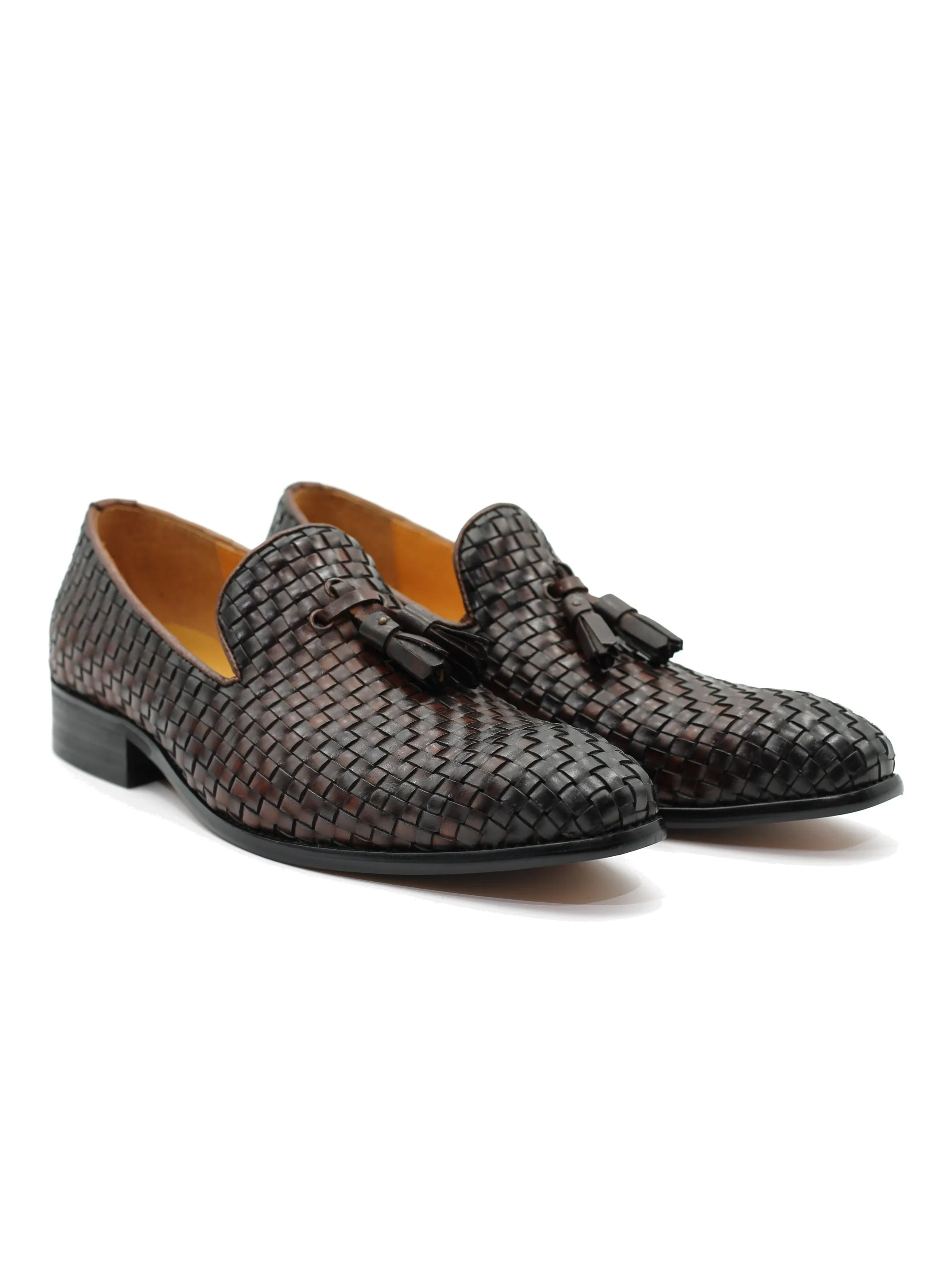 BROWN WOVEN LEATHER TASSEL LOAFERS