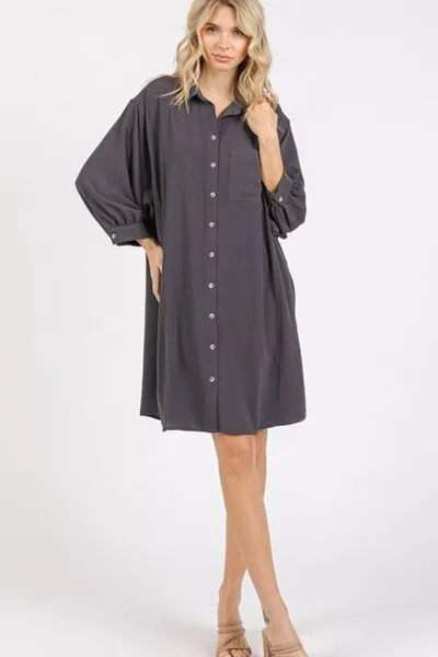 Charcoal Grey 3/4 Sleeve Buttoned Shirt Mini Dress