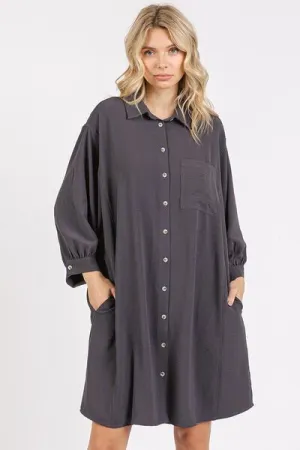 Charcoal Grey 3/4 Sleeve Buttoned Shirt Mini Dress