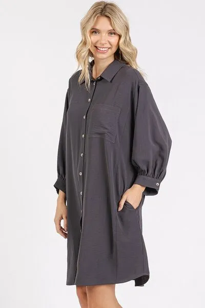 Charcoal Grey 3/4 Sleeve Buttoned Shirt Mini Dress
