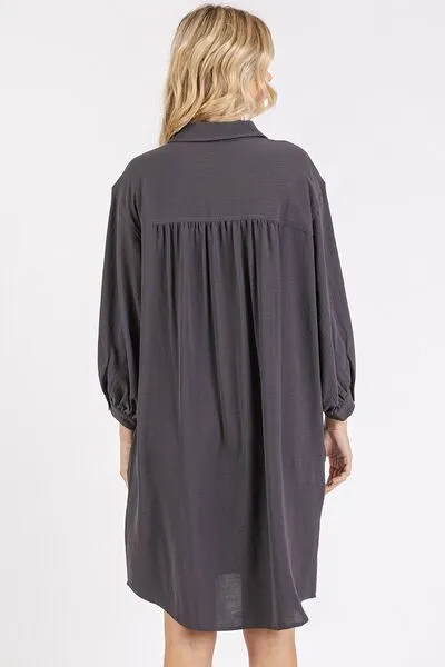 Charcoal Grey 3/4 Sleeve Buttoned Shirt Mini Dress