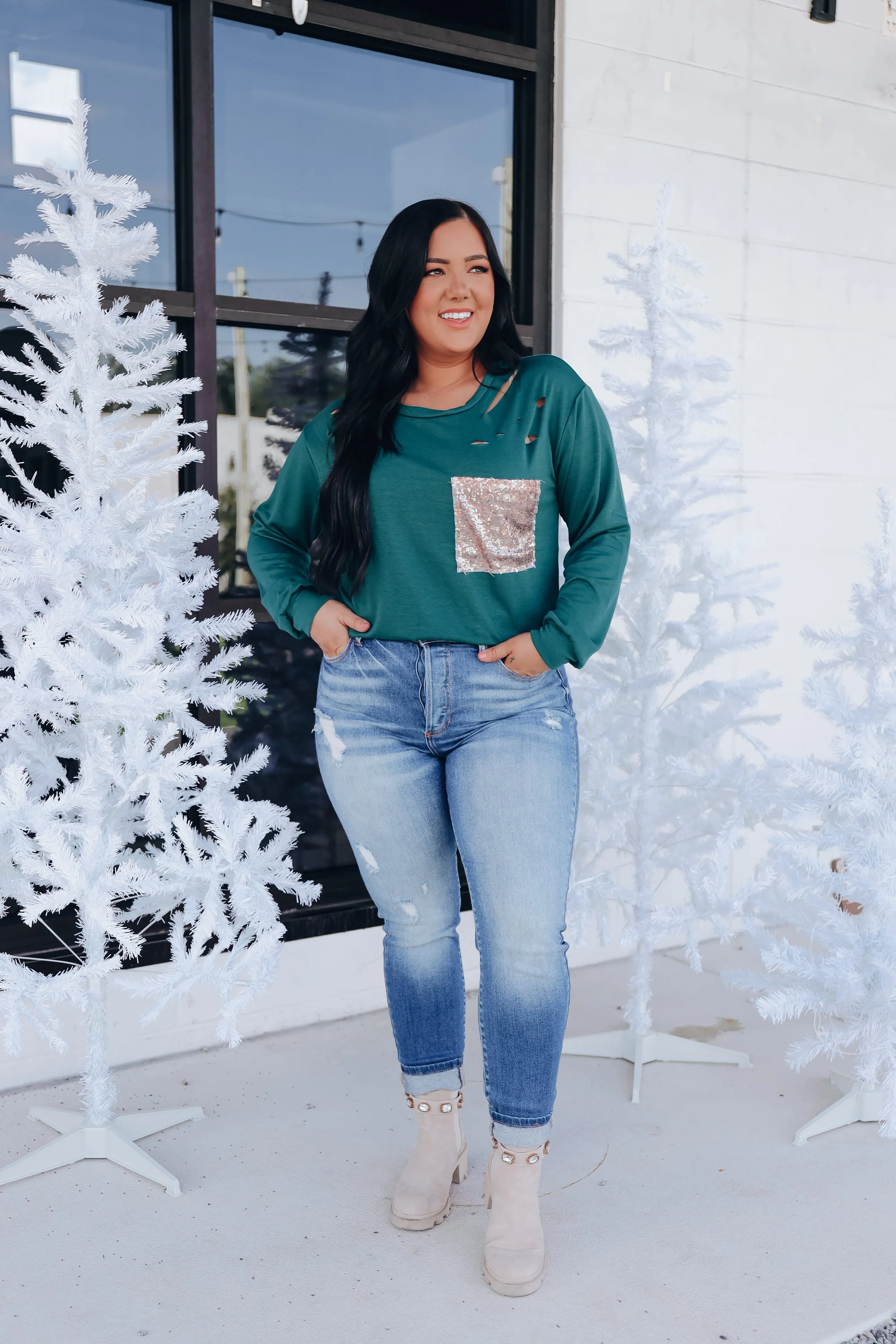 Chiara Cut Out Sequin Pocket Top- Green