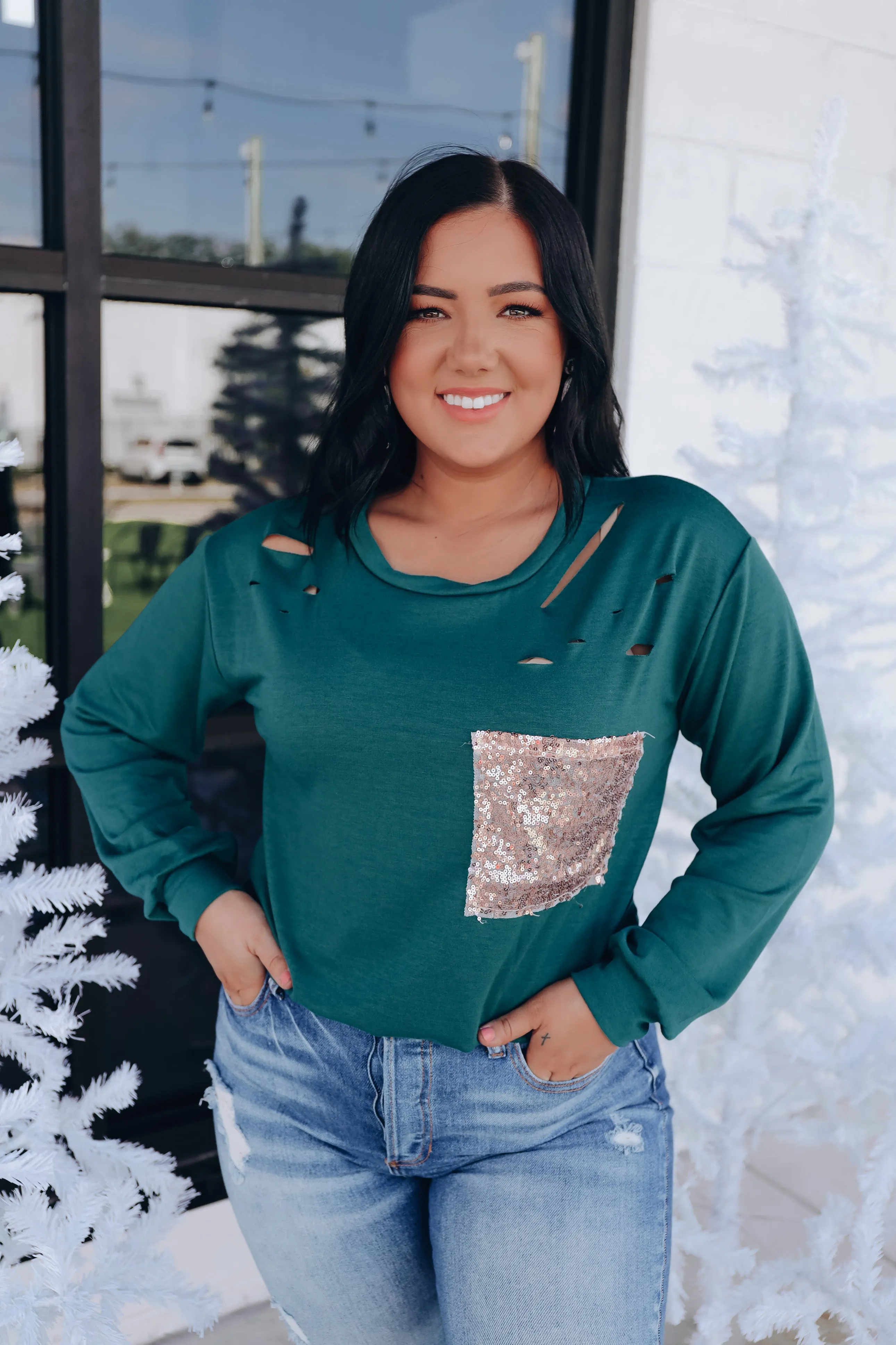 Chiara Cut Out Sequin Pocket Top- Green