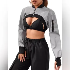 Cool Reflective Cropped Jacket Zipper Lightweight Rave Top Bomber Jacket