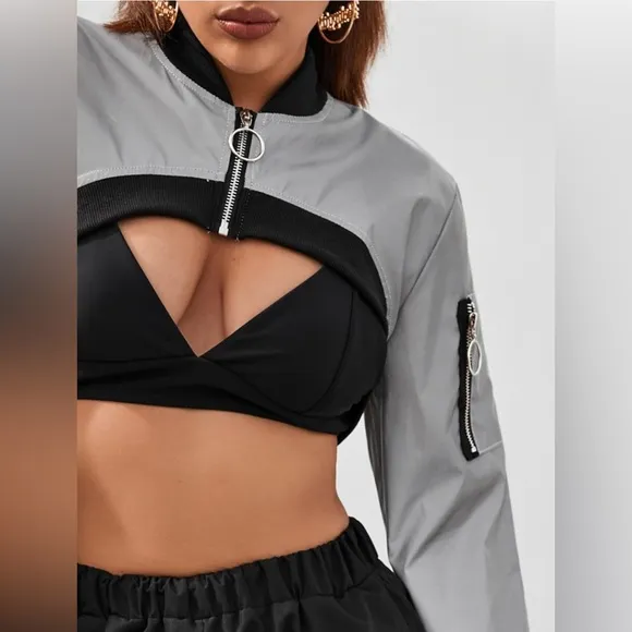 Cool Reflective Cropped Jacket Zipper Lightweight Rave Top Bomber Jacket