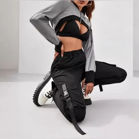 Cool Reflective Cropped Jacket Zipper Lightweight Rave Top Bomber Jacket