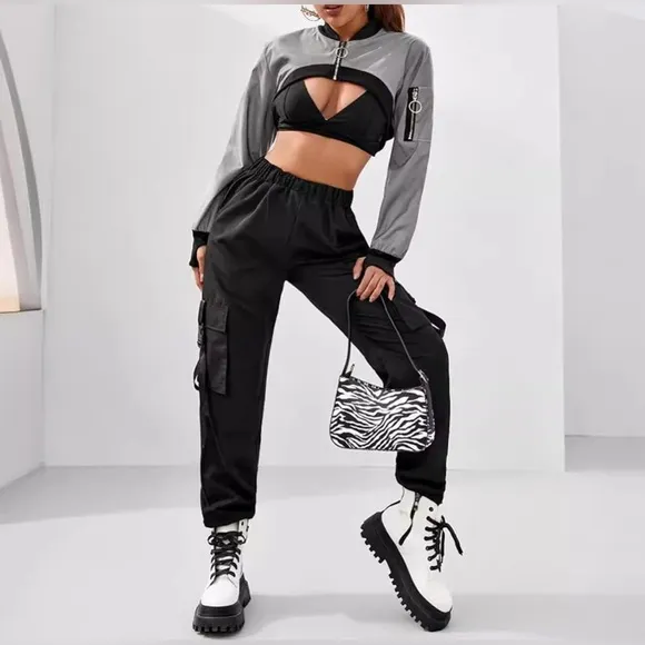 Cool Reflective Cropped Jacket Zipper Lightweight Rave Top Bomber Jacket