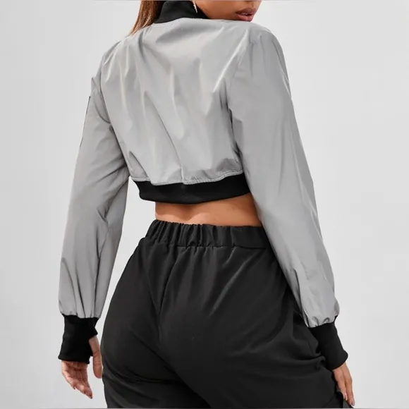 Cool Reflective Cropped Jacket Zipper Lightweight Rave Top Bomber Jacket