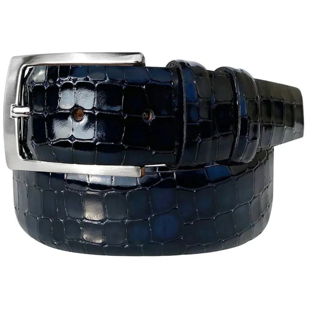 Corrente Men’s Crocodile Navy Embossed Italian Leather Belt with Adjustable Buckle