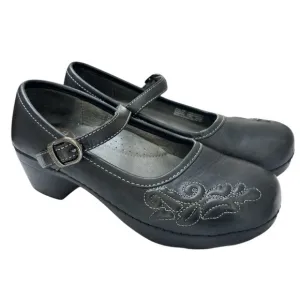 Dansko Savanna 38 7.5/8 Mary Jane Comfort Clogs Embroidered Black Leather Shoes