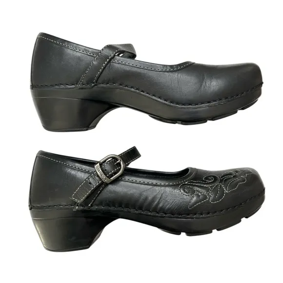 Dansko Savanna 38 7.5/8 Mary Jane Comfort Clogs Embroidered Black Leather Shoes