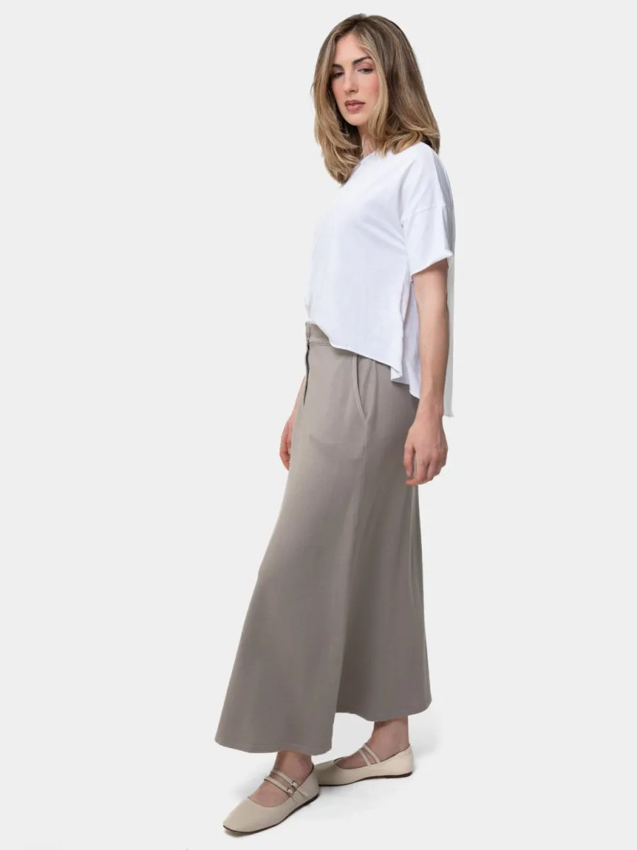 Elastic Waist Cotton Midi A-Line Skirt