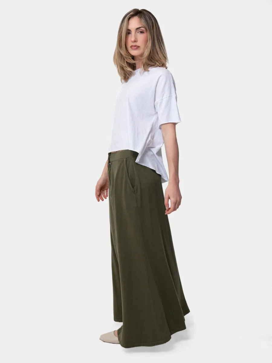 Elastic Waist Cotton Midi A-Line Skirt