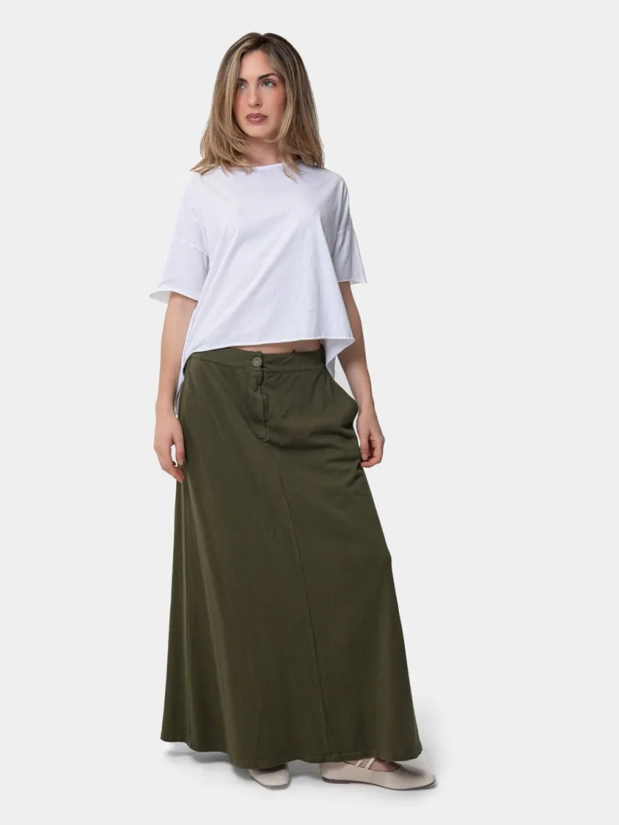 Elastic Waist Cotton Midi A-Line Skirt