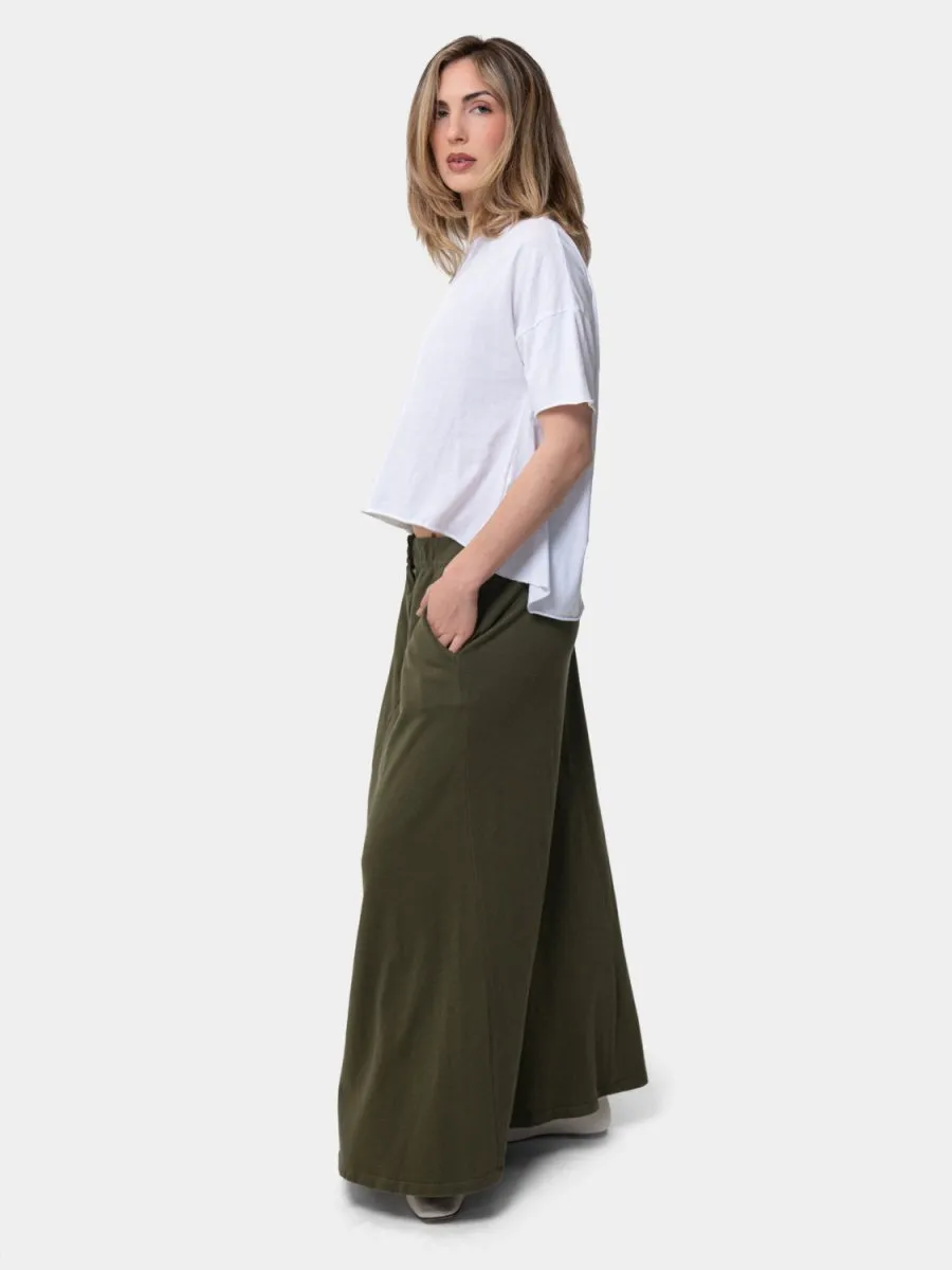 Elastic Waist Cotton Midi A-Line Skirt