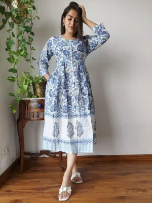 Floral Blue Traditional Bagru Print Cotton Summer One Piece