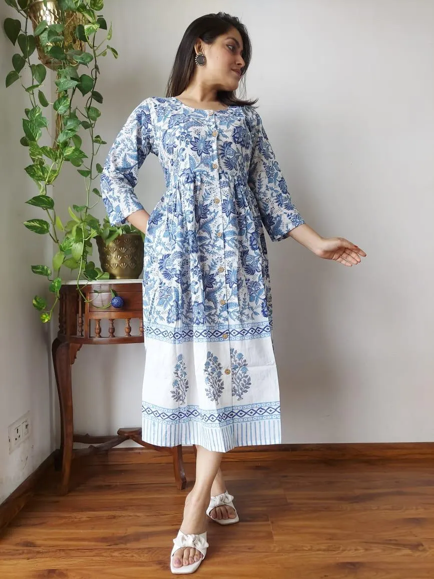 Floral Blue Traditional Bagru Print Cotton Summer One Piece