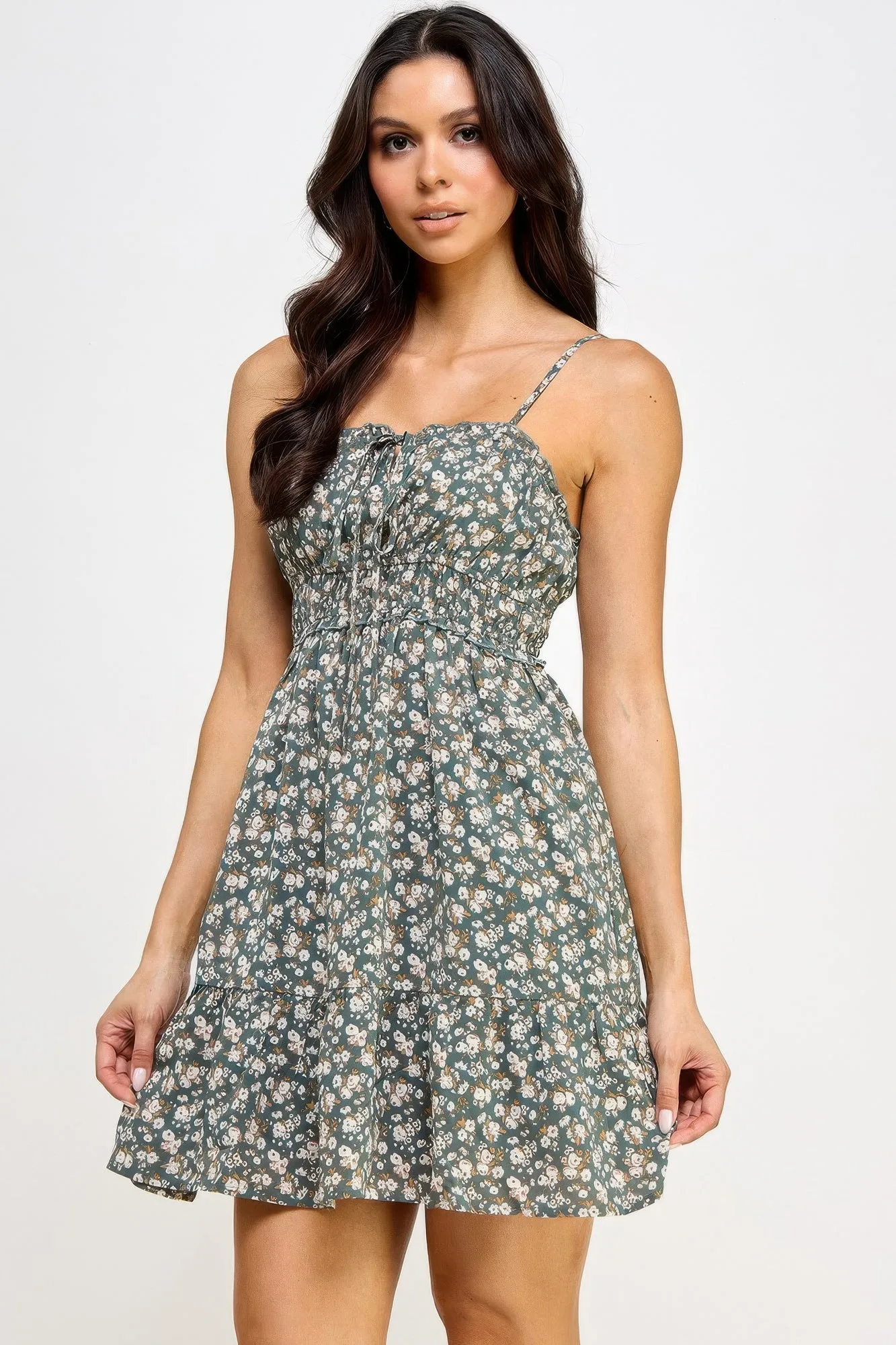 Floral Front Tie Ruffle Mini Dress