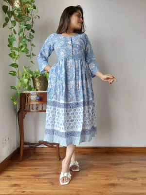 Floral Icy Blue Traditional Bagru Print Cotton Summer One Piece
