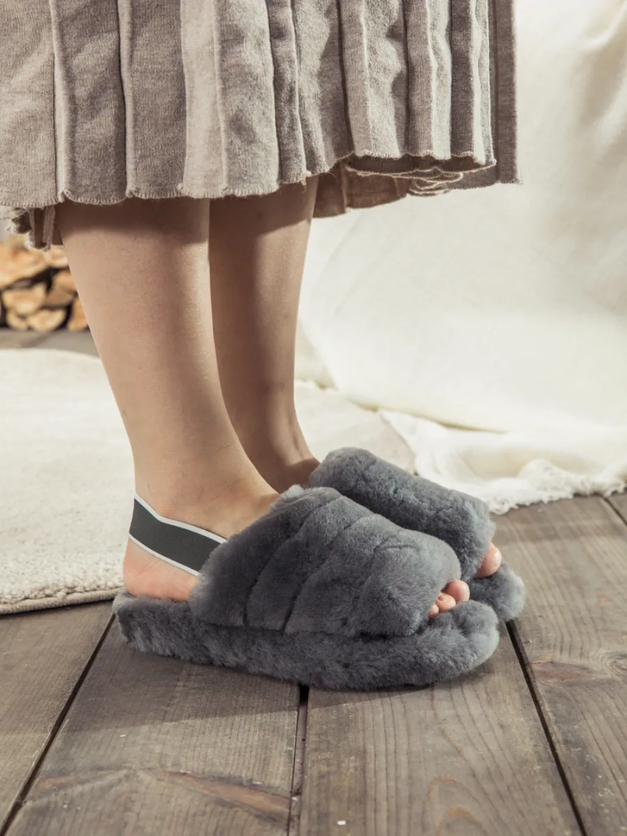 Fluffy Soft Wool Snug Slipper Sandals - Grey