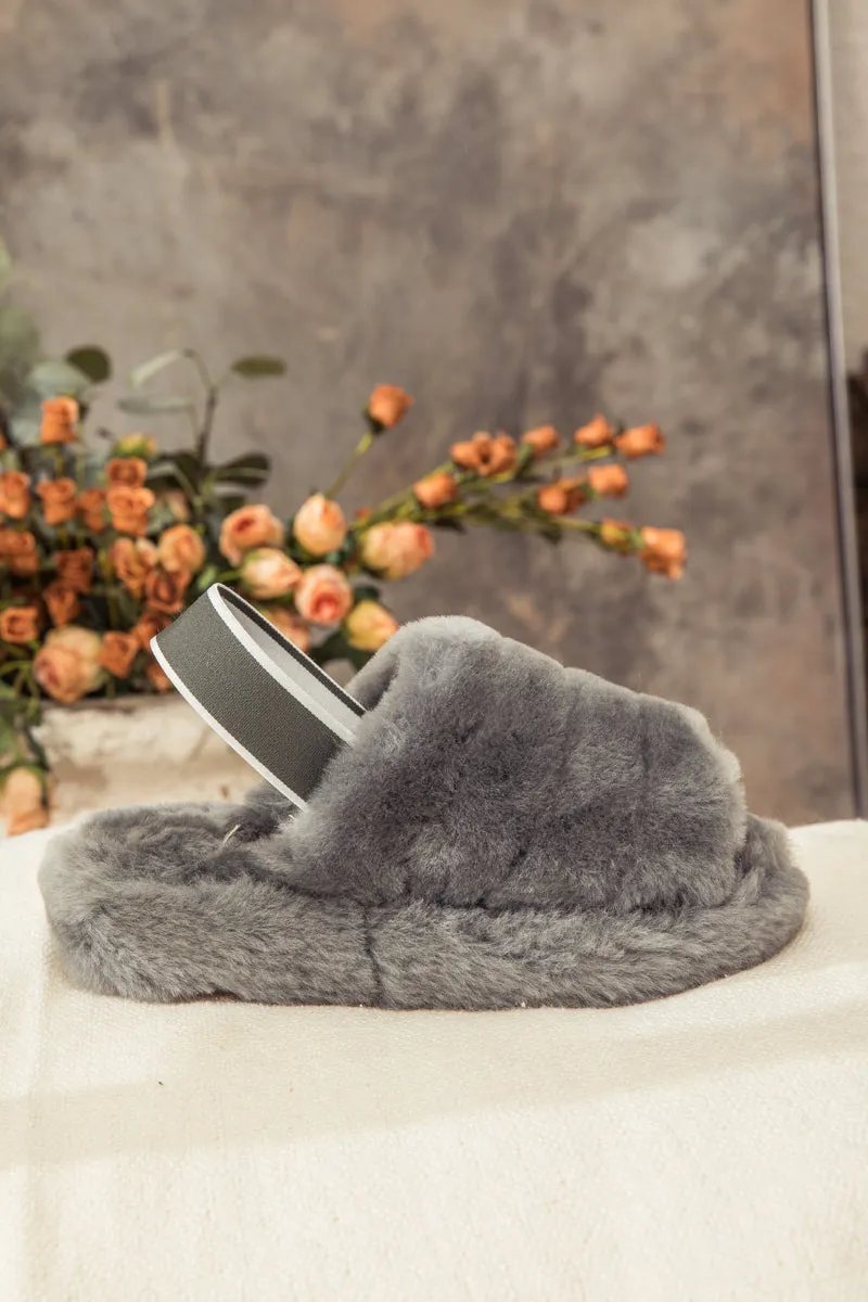 Fluffy Soft Wool Snug Slipper Sandals - Grey