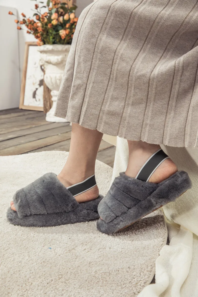 Fluffy Soft Wool Snug Slipper Sandals - Grey