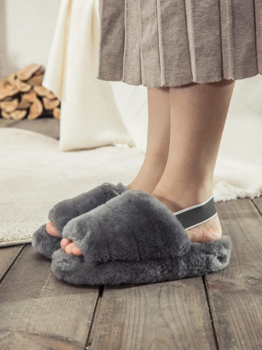 Fluffy Soft Wool Snug Slipper Sandals - Grey