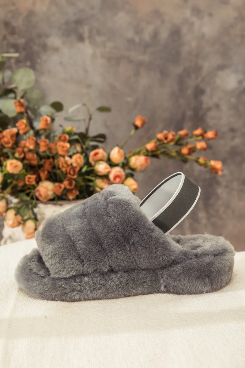 Fluffy Soft Wool Snug Slipper Sandals - Grey