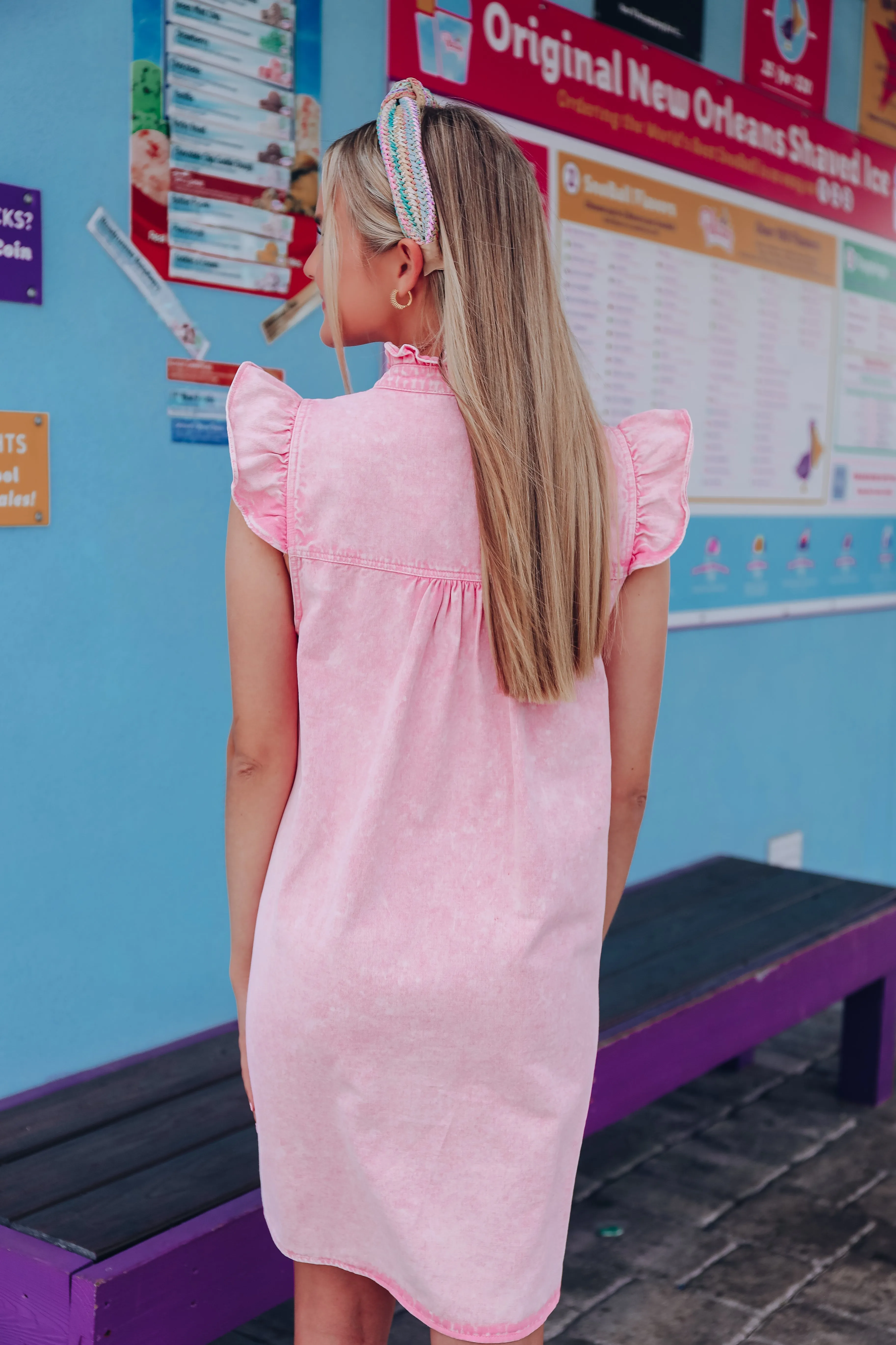 Frilly Ruffle Denim Shift Dress - Pink