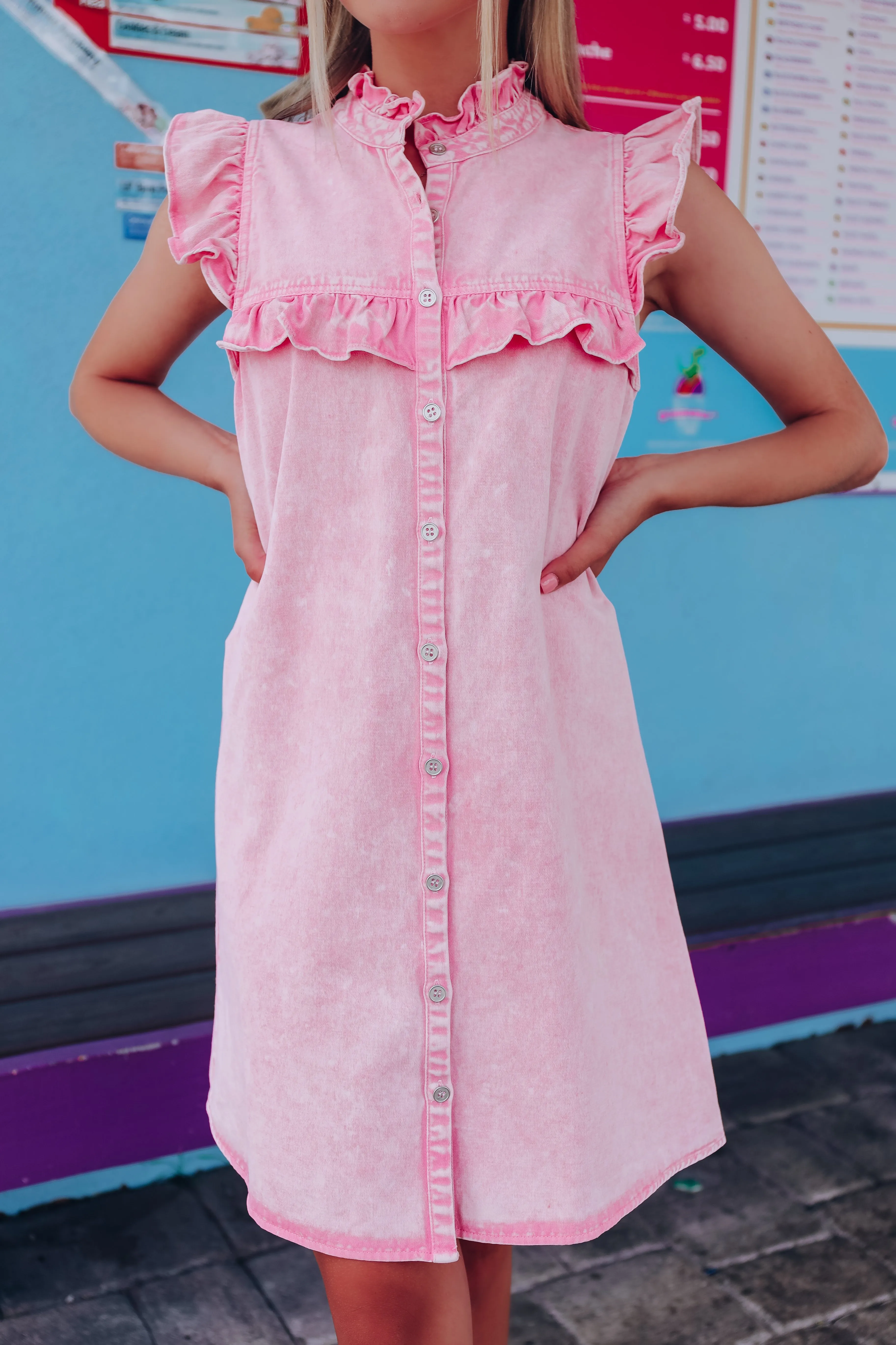 Frilly Ruffle Denim Shift Dress - Pink