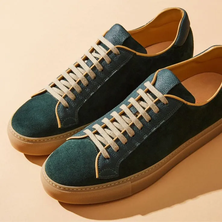 Green Suede Leather Lace-Up Sneakers With Honey Colour Sole - Sneaker Shoes