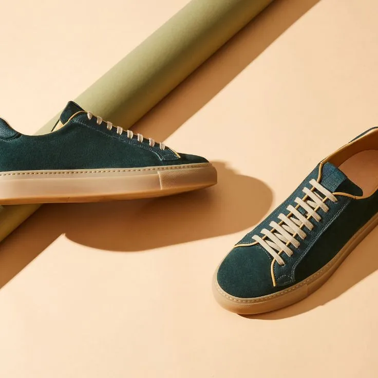 Green Suede Leather Lace-Up Sneakers With Honey Colour Sole - Sneaker Shoes