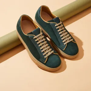 Green Suede Leather Lace-Up Sneakers With Honey Colour Sole - Sneaker Shoes