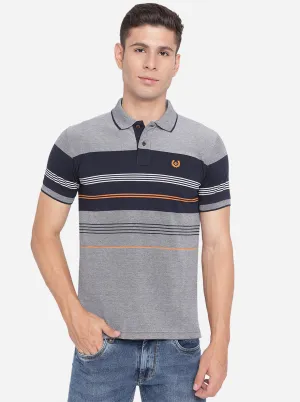 Grey & Blue Striped Slim Fit Polo T-Shirt | Greenfibre
