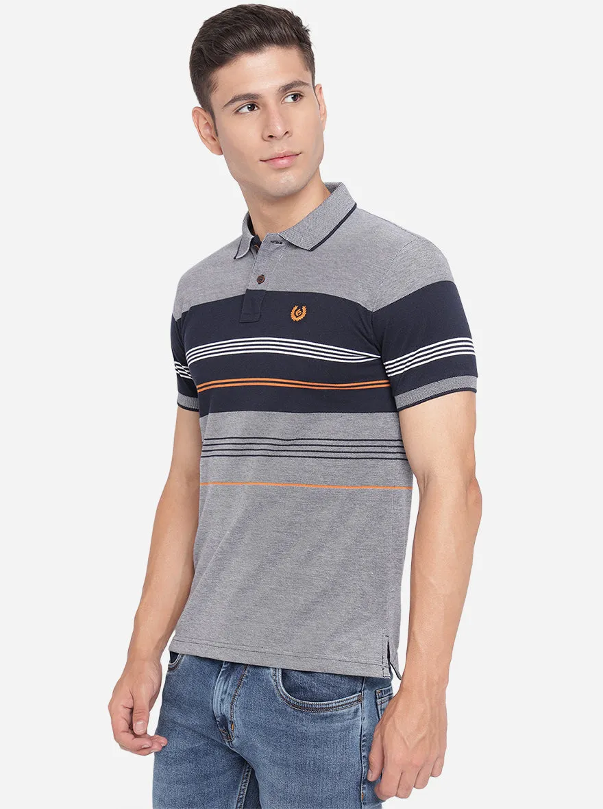 Grey & Blue Striped Slim Fit Polo T-Shirt | Greenfibre