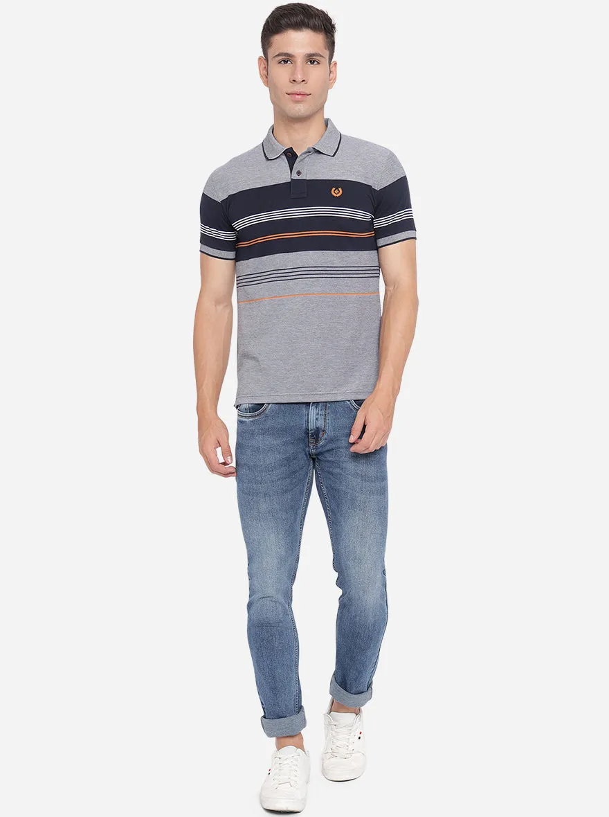 Grey & Blue Striped Slim Fit Polo T-Shirt | Greenfibre