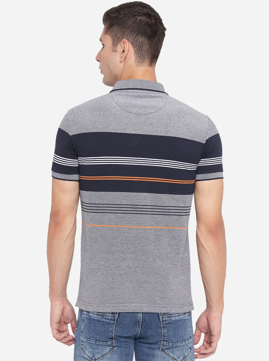 Grey & Blue Striped Slim Fit Polo T-Shirt | Greenfibre