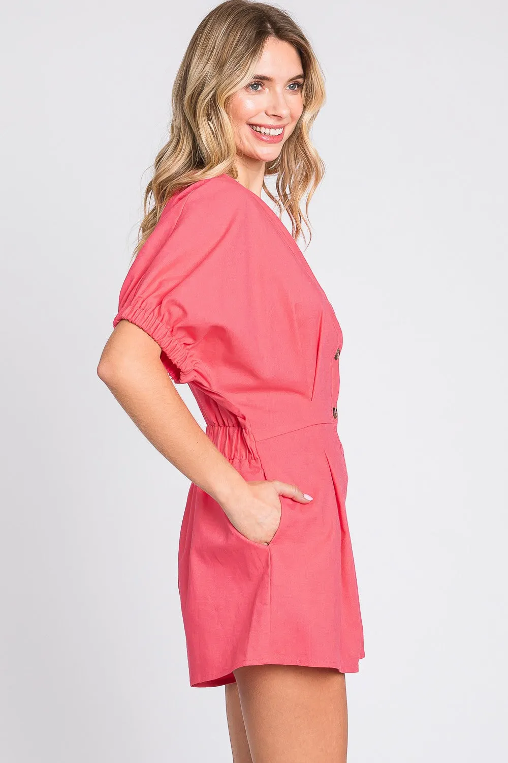 Hazel Blues® |  GeeGee Half Button V-Neck Linen Romper