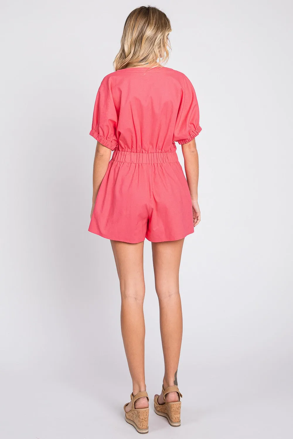 Hazel Blues® |  GeeGee Half Button V-Neck Linen Romper