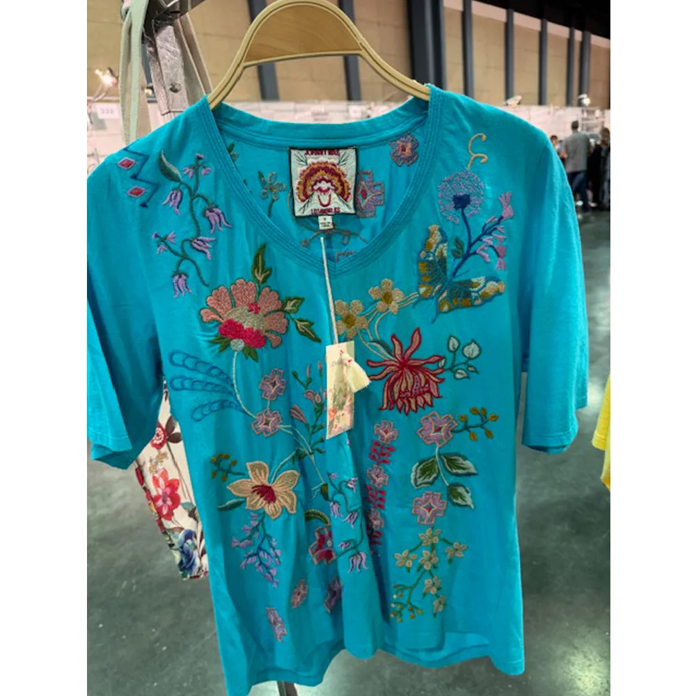 Johnny Was Maureen Trapunto 3/4 Tee Cotton Shirt Floral Embroidery Top Black NEW