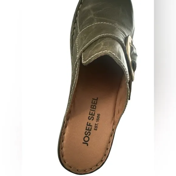 Josef Seibel Lily 10 Leather, Gold Buckle, Olive Women’s Slip On Clog US 6.5 - 7