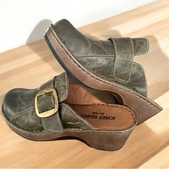 Josef Seibel Lily 10 Leather, Gold Buckle, Olive Women’s Slip On Clog US 6.5 - 7